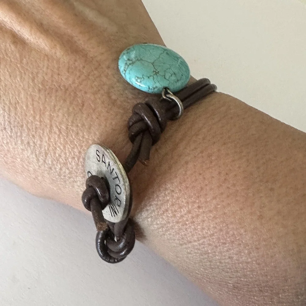 Santorini Bracelet Brown Leather Turquoise Charm‎ 7 Inch Blue Toggle Love